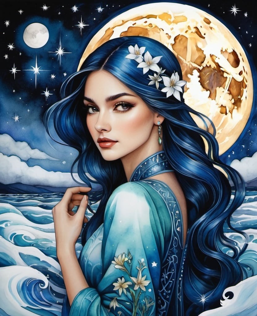 Prompt: Art by Lucia Rafanelli, Anne Stokes, Louis Rhead, Zandra Rhodes, Daron Nefcy, David Martiashvili, Lily Seika Jones, Anna dittmann, Faiza Maghni, Marion Peck, van Gogh: the pretty dreamy lady, she is lost in time, in thought, in the paradox of her own existence. And when she emerged, as the moon's light returned, she was never quite the same. She carried with her the melody of the labyrinth, a haunting tune that echoed the mysteries of the universe. 3d, soft colors watercolors and ink, beautiful, fantastic view, extremely detailed, intricate, best quality, highest definition, rich colours.