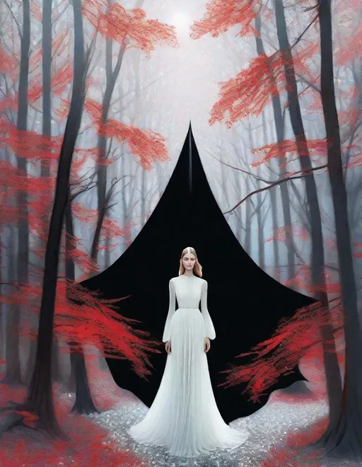 Prompt: A beautiful young lady, beautiful face, wearing opalescent black dress in a ghostly forest of white stem trees with red leaves, god rays through the tees, rim lighting, art by Mariano Vivanco,  Yves Saint-Laurent, Paolo Roversi, Thomas Edwin Mostyn, Hiro isono, James Wilson Morrice, Axel Scheffler, Gerhard Richter, pol Ledent, Robert Ryman. Guache Impasto and volumetric lighting. 3/4 portrait, Mixed media, elegant, intricate, beautiful, award winning, fantastic view, 4K 3D, high definition, hdr, focused, iridescent watercolor and ink