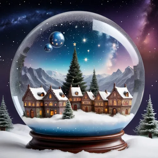 Prompt: a magical ornate and intricate ancient snow globe village scene with asterism above the village like a trapped milky way