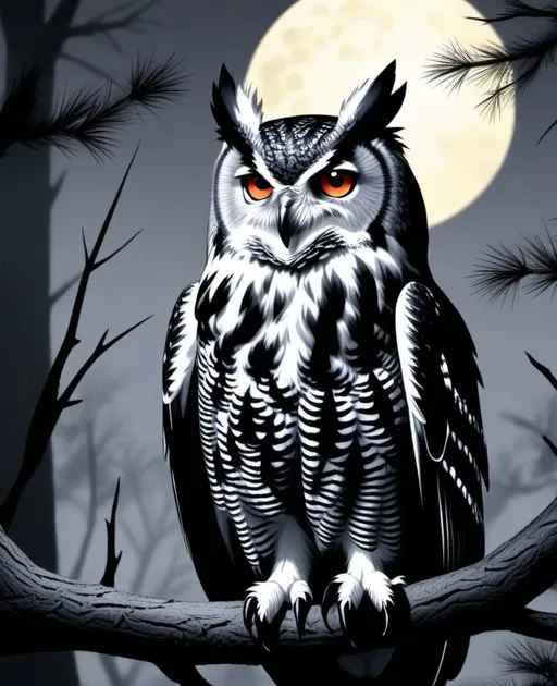 Prompt: In the evening when I go to bed and my eyes are red and dead, I hear the voices calling my soul, the empress of the dark horned owl , by juji ito