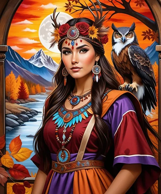 Prompt: Beautiful brunette gorgeous magical woman red face paint, stained glass background, feathers and owls, eagles, deers, Autumn colors, autumn trees, bow and arrow Native American tribal dress, upswept hair, ancient village, clocks and gears, books and towers, rivers and mountains. Wolves bears and Native Americans, stars and moon, sunset, sacred curse, sunshine and clouds, blue and purple brown rose gold red and orange gown, a vintage renaissance oil on canvas, muted and moody. 