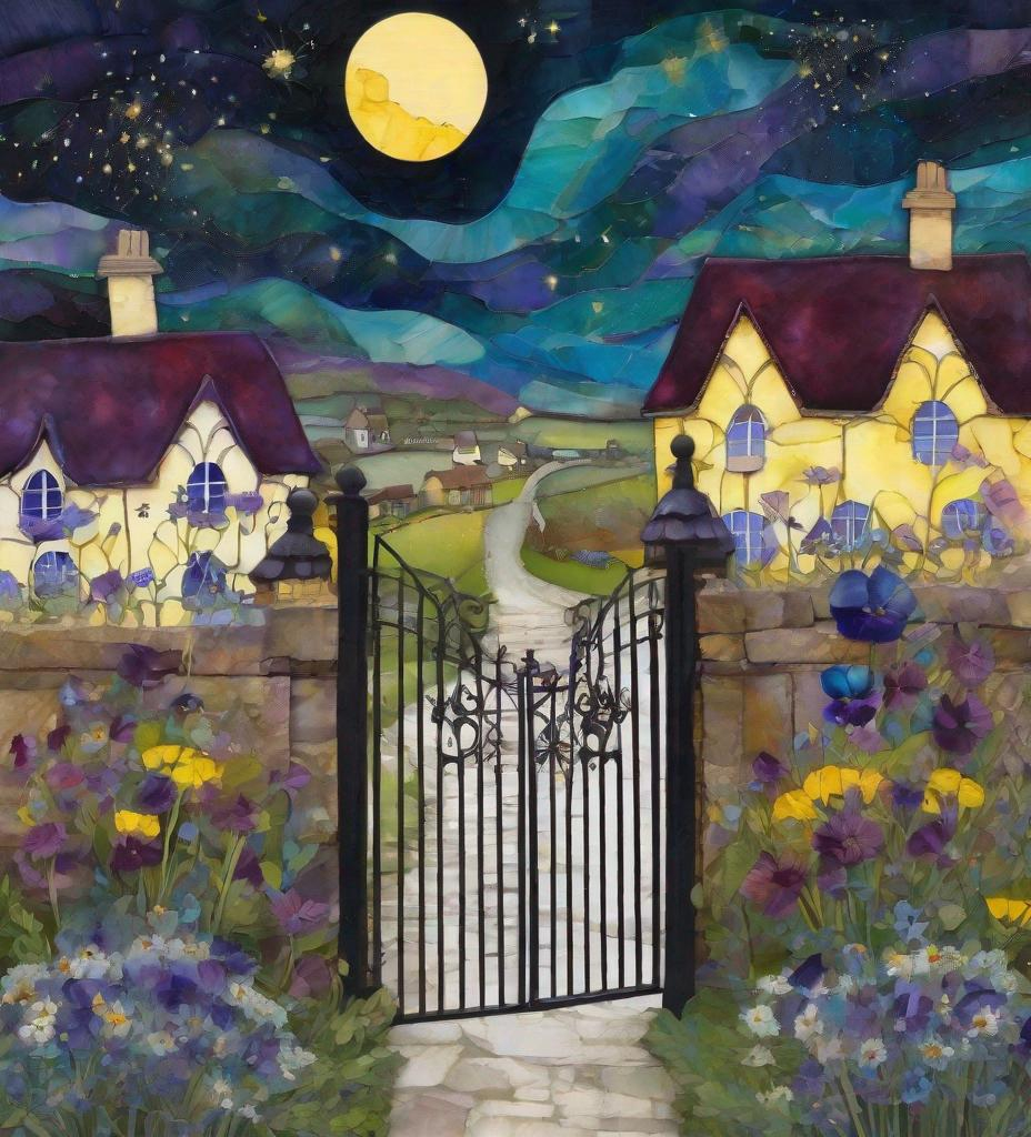 Prompt: gate and/or gait Mixed media of Fluorite, Gold Cloisonne, and Alcoholink with thin black purple gold bright white lines at boundaries. Shades of deep burgundy, lemony yellow, indigo, teal, deep mauve. English country village in the night with cute houses, delicate, fragile. Michaelmas daisies and bright stars and pansies in foreground composed of Fluorite. Delicate Faberge gold cloisonne half moon in mauve and gold details, inlaid with fresh water pearls 