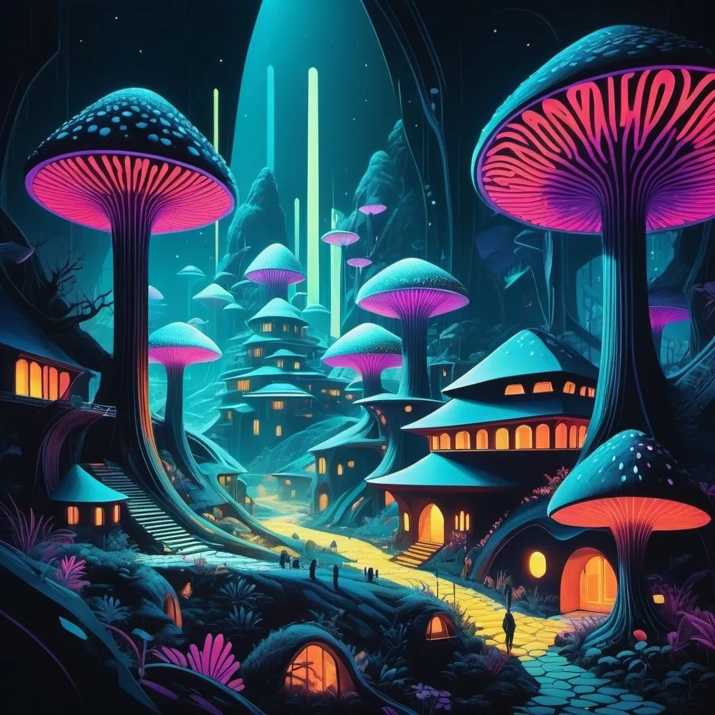 Prompt: fantasy phosphorescent architecture of beecomb village ,with glowing isometric mushroom creatures,a painted artwork overdose ,60s style by zaha hadid and henri fatin-latour 