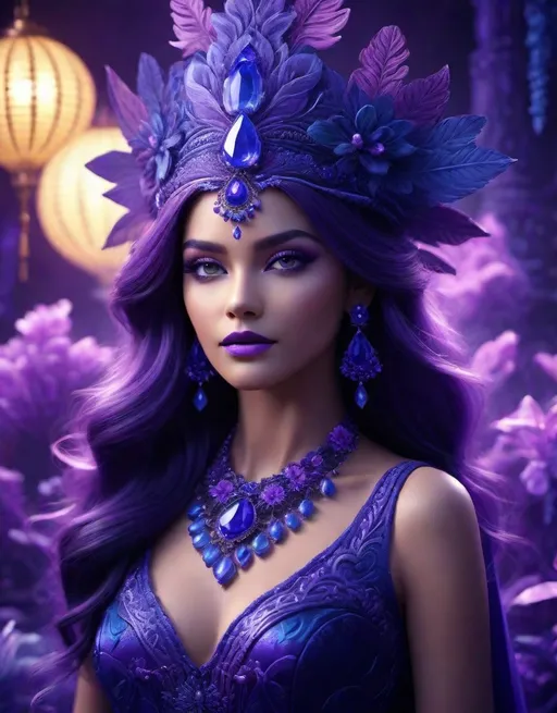 Prompt: Indigo world of purple haze fanasy, the beautiful lady, 3d, extremely detailed, intricate, cinematic lighting