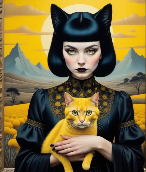 Prompt: Ghastly eccentric looking young lady, wearing a strange ornate black dress, holding a creepy cute yellow cat, Vladimir Tretchikoff, Ruben Ireland, Paolo Uccello, a surreal dreamy landscape background by Sam Chivers, piercing odd colored eyes, encaustic texture.