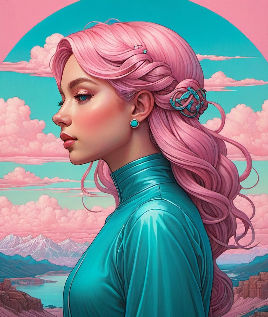 Prompt: muted pink sky and blue aqua sisyphean miracle minimalist emotionally impactful beauty in a surreal pop art style whispering in quirky fun casey weldon mucha davinci and guweiz illustration painting