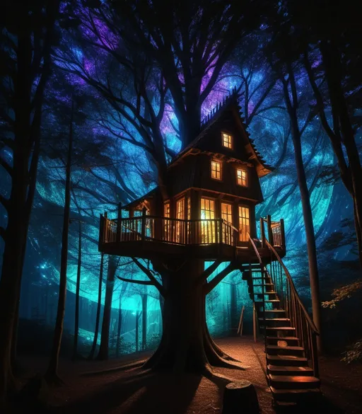 Prompt: photonegative refractograph of a cozy treehouse in the mystical woods where shadows are figures and figures make shadows of the spirit with prismatic sparklecore and cosmicpunk highlights in an ethereal lit night 