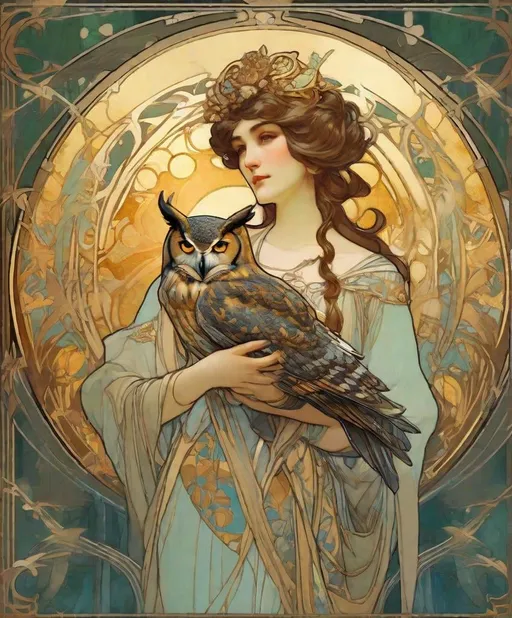 Prompt: woman in flowing dress holding a horned owl by alphonse mucha in alcoholink with gold paint flecks, art nouveau, ornate border, celestial aesthetic, fantastic realism, dynamic lighting