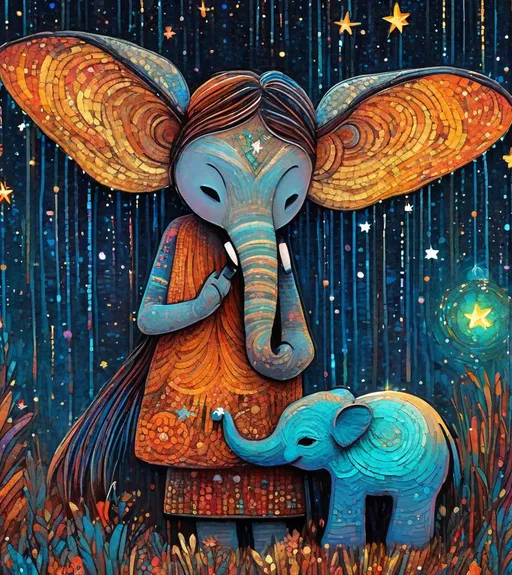 Prompt: The little native american pretty girl holding her star magic wand posing with her cute elephant friend. In style of james r eads,  Sam Toft, Anna dittmann, Justin Gaffrey, John Lowrie Morrison, Patty Maher, John Ruskin, Chris Friel, van Gogh. 3d, extremely detailed, intricate cinematic lighting, high definition 