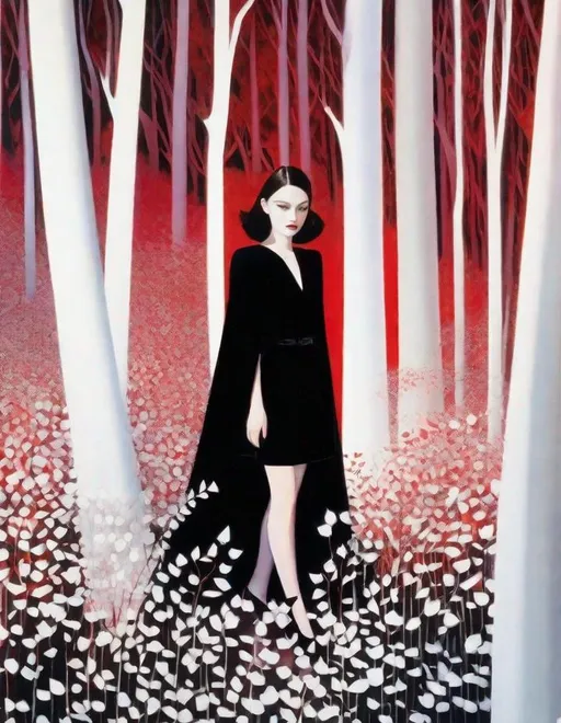 Prompt: A beautiful young lady, beautiful face, wearing opalescent black dress in a ghostly forest of white stem trees with red leaves, god rays through the tees, rim lighting, art by Laurie Simmons,  Yves Saint-Laurent, Paolo Roversi, Thomas Edwin Mostyn, Hiro isono, James Wilson Morrice, Axel Scheffler, Gerhard Richter, pol Ledent, Robert Ryman. Guache Impasto and volumetric lighting. 3/4 portrait, Mixed media, elegant, intricate, beautiful, award winning, fantastic view, 4K 3D, high definition, hdr, focused, iridescent watercolor and ink