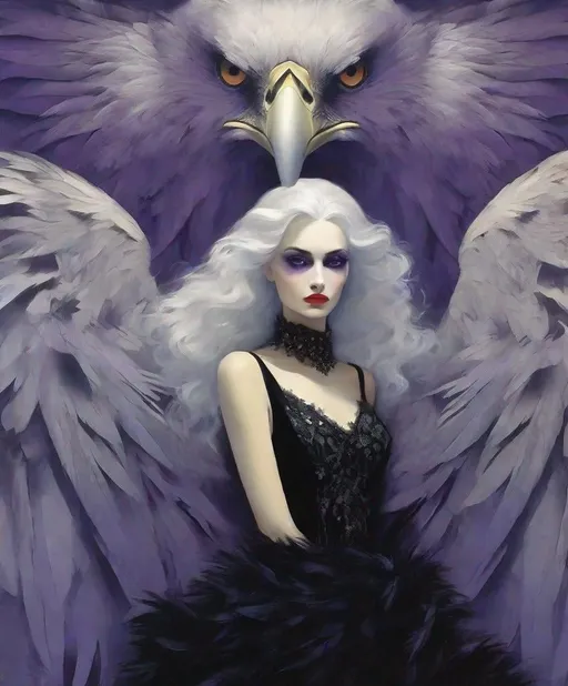 Prompt: Use style of Kees van Dongen, Mark Knight, Omar Galliani, Maciej Kuciara, Jean-Sebastien Rossbach: Dim lighting, Gloomy atmosphere, Gothic pale woman with dark silver hair and violet eyes, surrounded by a circular formation of nine realistic, solemn big eagles with detailed feathers. The woman is centered and wears a long lace black dress with a high neck and long sleeves. Her attire includes an intricate golden embroidery with an elaborate design. The background is a smooth, dark gradient with subtle golden elements that echo the top arch of a halo or ornate frame.