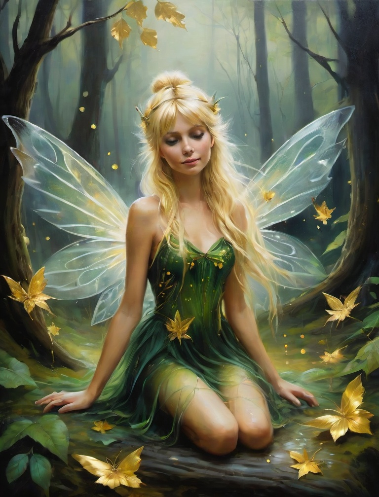 Prompt: dark fantasy oil painting of a fairy resembling tinkerbell. Sprawled out barefoot in a forest, Her long messy blond hair tied in a bun has bangs to one side. pixie wings. happy but jealous and freckles scattered across her face and body. Rain. Fog. forest *Gold Leaf