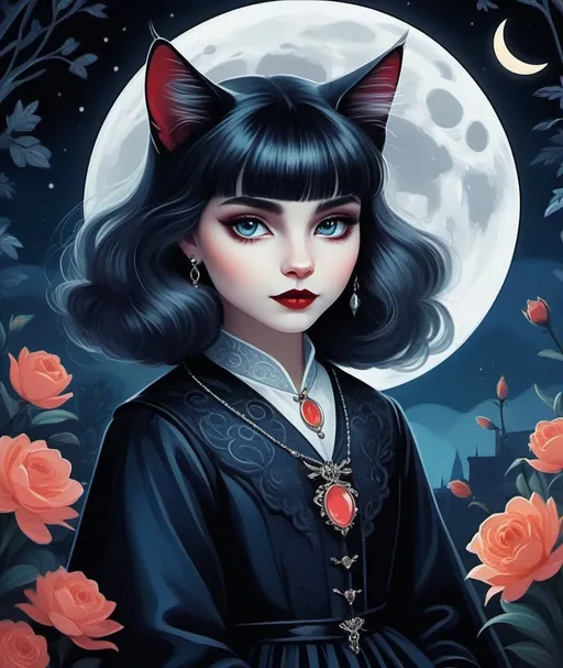 Prompt: moon catcher cat vampire illustrated children's book, in the style of bella kotak, fauvist-inspired, siya oum, floralpunk, charming character illustrations, myroslava sviridova, luminous reflections 