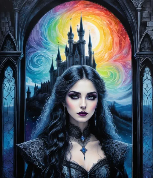 Prompt: a zentangle ferrotype portrait of In a gothic galaxy castle a vampire gazes through a window at the ethereal magic layers swirling in the vivid rainbow solar night in the style of luis royo 