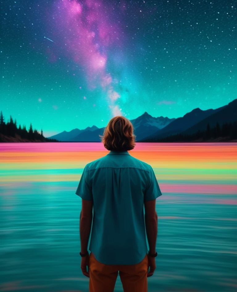 Prompt: psychedelic time-lapse motion blur. Drowning while admiring the stars. Wes Anderson Colors