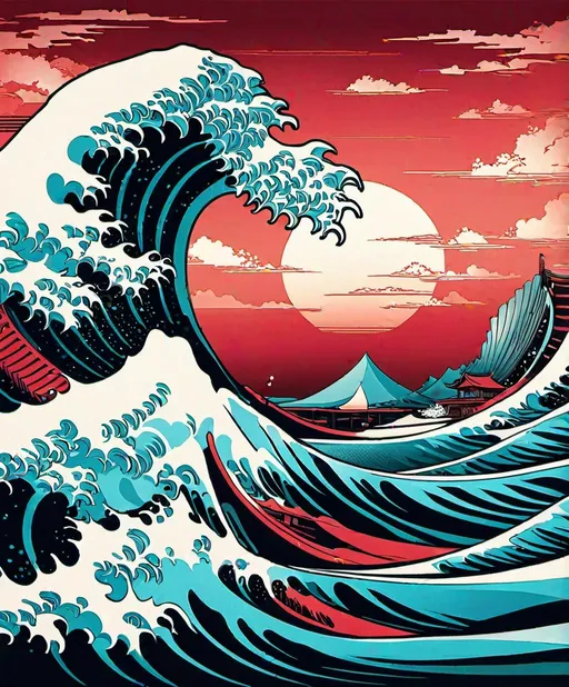 Prompt: the great wave off kanaga in a wave painting, in the style of art nouveau-inspired illustrations, photonegative refractograph, light red and dark cyan, fictional landscapes, psychedelic illustration, ocean academia, pop-culture-infused 