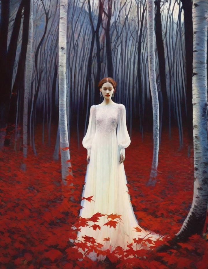 Prompt: A beautiful young lady, beautiful face, wearing opalescent black dress in a ghostly forest of white stem trees with red leaves, god rays through the tees, rim lighting, art by Mario Sorrenti, Masaaki Sasamoto,  Yves Saint-Laurent, Paolo Roversi, Thomas Edwin Mostyn, Hiro isono, James Wilson Morrice, Axel Scheffler, Gerhard Richter, pol Ledent, Robert Ryman. Guache Impasto and volumetric lighting. Mixed media, elegant, intricate, beautiful, award winning, fantastic view, 4K 3D, high definition, hdr, focused, iridescent watercolor and ink