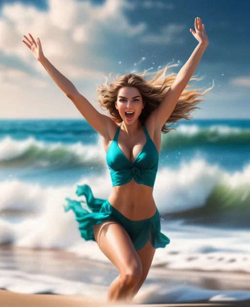 Prompt: time-lapse motion blur woman bursting from the sea, t-pose, wave in the background, beach, sand, ocean, photorealistic