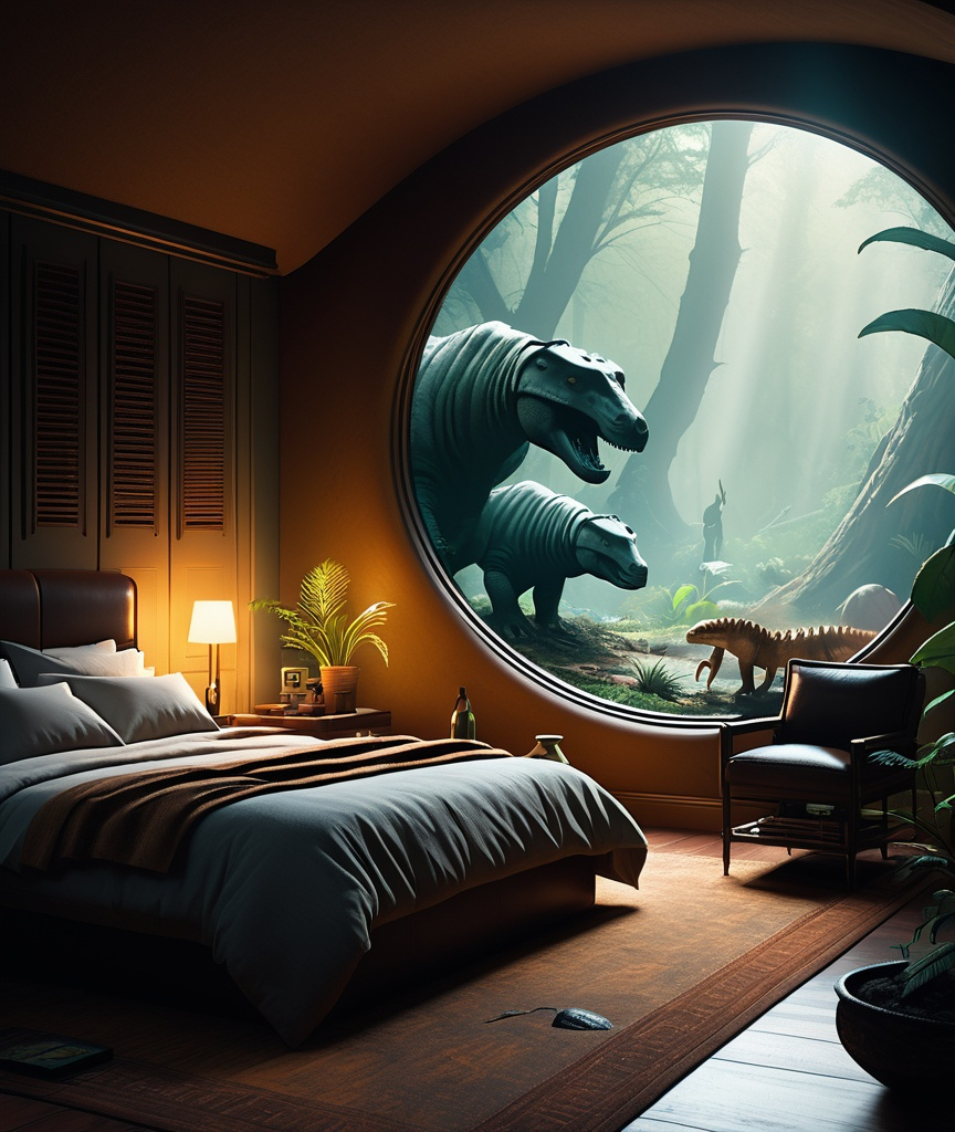 Prompt: A family in a cozy hardened home watch on prehistoric safari a carboniferous forest with prehistoric animals in the art style of kevin keele, a cigar-shaped ufo can be seen in the distant observing, photorealism, extremely long shot from a distance, extremely heavy atmospherics and moody lighting, parallax, rim lighting, 3 point lighting, volumetric fx, subsurface scattering, raytracing, specularity and depth, imax quality visuals, ilm, weta digital, multi-sample antialiasing, 32k uhd 