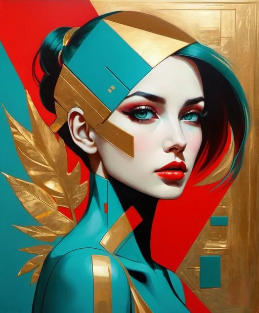 Prompt: abstract art paintings, in the style of retro-futuristic cyberpunk, illusory wallpaper portraits, gold leaf, texture gold, cubist-inspired portraits, pop art-inspired portraits, flickr, teal and red, beautiful women 