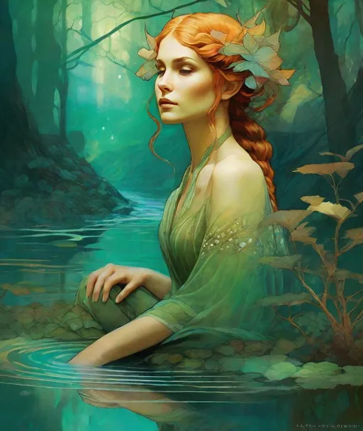 Prompt: 3/4 body portrait of A lovely wood-elf wading through a hot spring in a carboniferous forest, art by alphonse mucha, catrin welz-stein, Anna dittmann, Karol bak, high quality, cinematic quality, vibrant colors, dramatic lighting,  