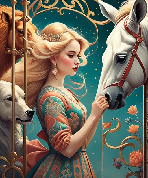 Prompt: The beautiful young lady with blowing hair climbing gate to the circus with giant animals Illustration art by Sergei Diaghilev, Anna Dittmann, Hsiao Ron Cheng, Helene Beland, Jody Bergsma. folk art-inspired illustrations, bold patterned quilts, pastel colours, bloomcore, mixes painting and ceramics, precise, detailed architecture paintings, cute and dreamy. Extremely detailed, intricate, beautiful. 
