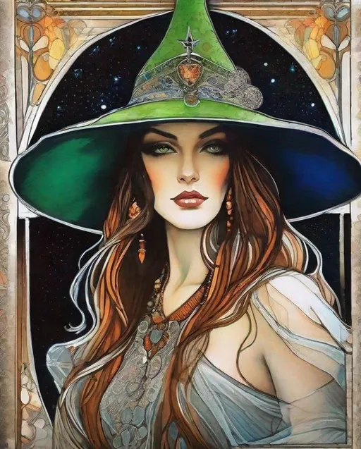 Prompt: A mesmerizing witch with pretty face and beautiful green eyes art by Saturno Butto, Leon Bakst, Marc Allante, Charles Robinson, pol Ledent. inlay, watercolors and ink, beautiful, fantastic view, extremely detailed, intricate, best quality, highest definition, rich colours. intricate beautiful, award winning fantastic view ultra detailed, 3D high definition