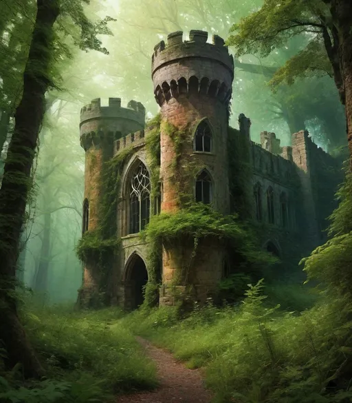 Prompt: Medieval grunge landscape, where shimmering knights in rusted, opalescent armor roam through iridescent, overgrown ruins::25 Otherworldly, dreamy forest overtaken by nature, with remnants of ancient grunge-styled castles and artifacts::20 An enchanted, forgotten battlefield, where the iridescent glow of mystical energies reveals shimmering, opalescent relics of a bygone era