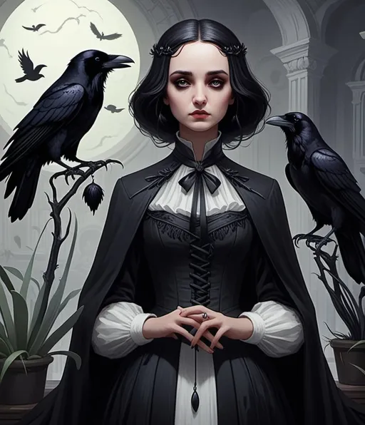 Prompt: some raven-obsessed weirdo where a dead angel girl is looking on as a raven says "NEVERMORE" and he tries to quaff some nepenthes:: edgar allan poe (femme version) core 