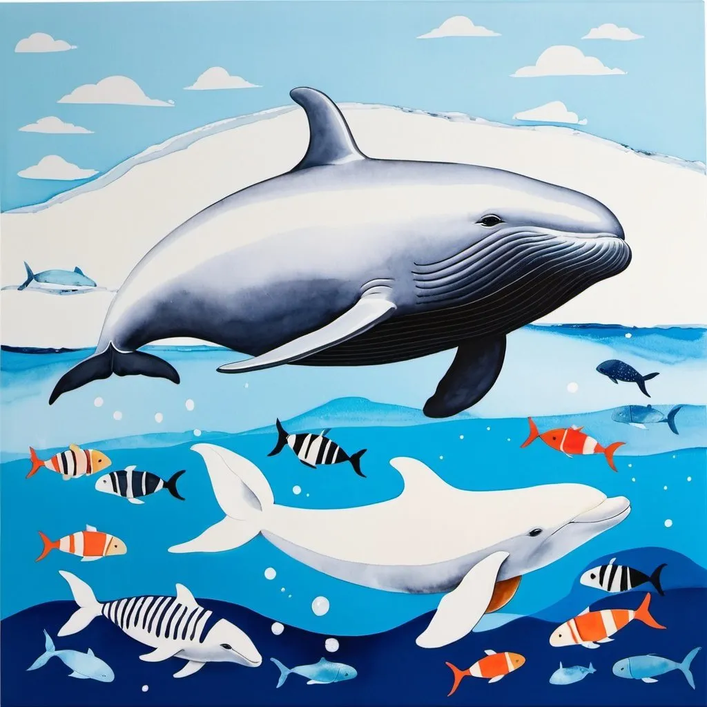 Prompt: Madeleine Stamer print, beluga whale, azure background 