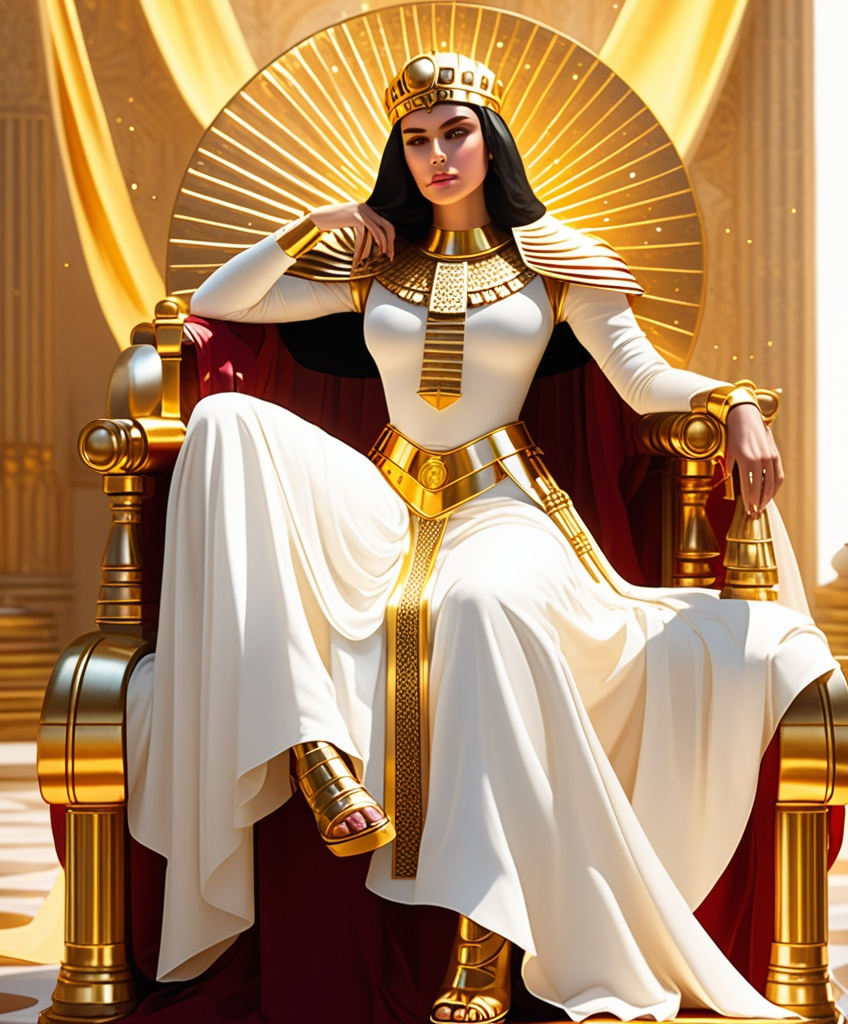 Prompt: She's so heliocentric, like Cleopatra, Joan of Arc, or Aphrodite, sitting on a golden throne 