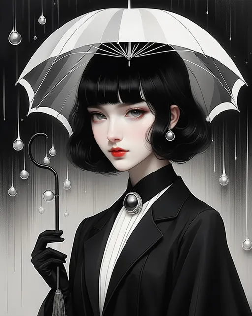 Prompt: illustration of girl holding an umbrella, in the style of surrealist-inspired works, dark white and black, jewelry by painters and sculptors, vienna secession, elegant, emotive faces, bubble goth, subtle playfulness 
