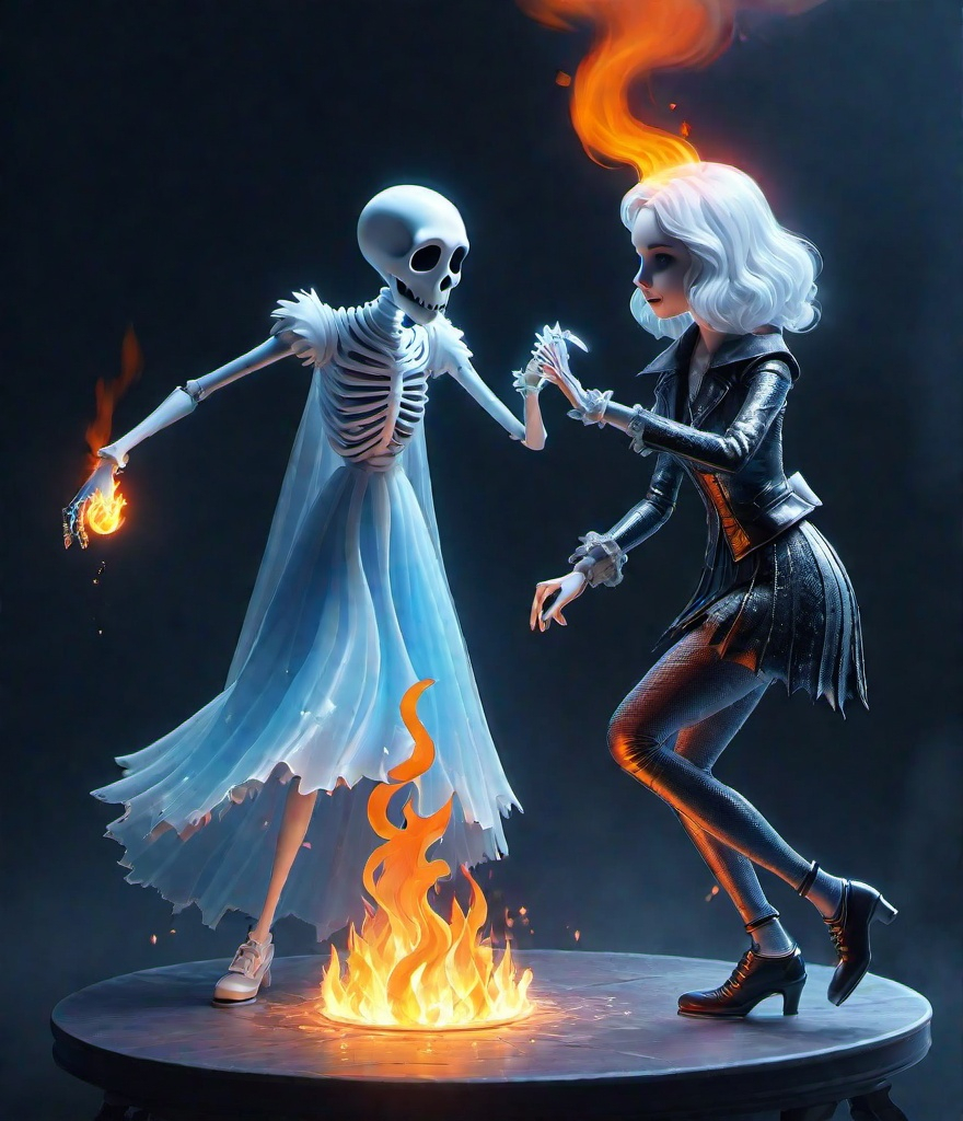 Prompt: a really ice cold isometric ghost dancing with a hot fire mannequin, hot vs cold, tim burton, disney character, pixar, WLOP, art by ChrisWaikikiAI