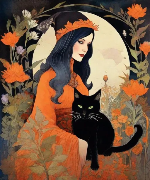 Prompt: A mesmerizing witch with pretty face and beautiful green eyes surrounded by magical flowers and her black cat art by Anna and Elena Balbusso, Saturno Butto, Leon Bakst, Marc Allante, Charles Robinson, pol Ledent. inlay, watercolors and ink, beautiful, fantastic view, extremely detailed, intricate, best quality, highest definition, rich colours. intricate beautiful, award winning fantastic view ultra detailed, 3D high definition