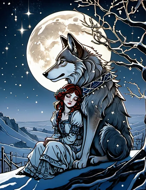 Prompt: the wolf of winter and the patchwork girl, a patchwork girl embracing the wolf, constellations, quiet and sad, Fantasy art by arthur rackham, by virginia frances sterrett, intricate detail, moonlight, color infrared photography, trending on artstation, stars, by gustav klimt, 16k, barbed wire constellations 