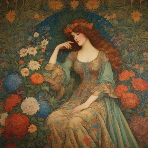 Prompt: a vibrant colorful floral decoupage tapestry of a woman with an elaborate floral arrangement, in the style of william morris, historical reproductions, baroque nu-vintage, l. birge harrison, large canvas format, medieval fantasy, voynich rug 