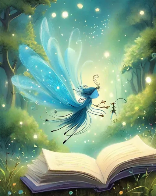 Prompt: Illustrate a whimsical scene where "will-o'-the-wisps" playfully dance among the pages of an open book, bringing the stories within to life.