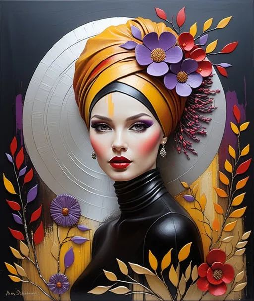 Prompt: inspired by Anna Silivonchik, Caia Koopman, endre penovac, Figurative naive art, textured painting, acrylic 3d texture, a painting of a woman with sculptural hair turban made of branches and gradient red yellow purple impasto flowers flowing in the wind, wearing a black high neck dress, abstract silver copper patina background, highly detailed digital painting, a fine art painting