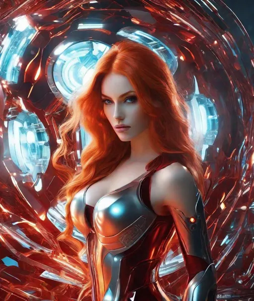 Prompt: Hot vs cold photo of the most beautiful redhead with long flowing red and blonde hair like fire and an android body made from polished iridescent alabaster, she is an AI powered LED synthetic cyborg being of immense power and complexity, in the style of NubisImmortalAiCreations