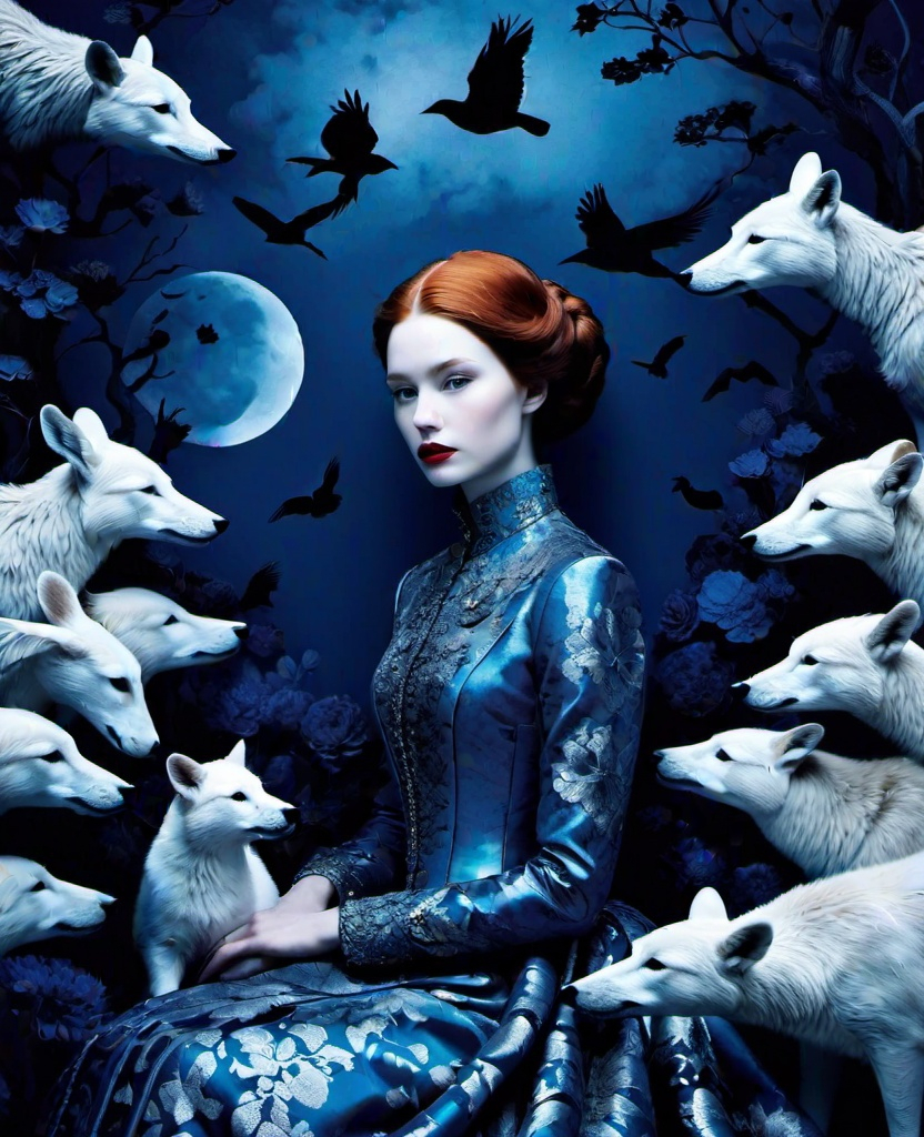 Prompt: She is a mysterious Lady of the moonlight night surrounded by animals style of Erik Madigan Heck, Nicholas Hughes, Daarken. 3/4 body portrait, Cold Chrome colors tone, Extremely detailed, intricate, beautiful, 3d, high definition