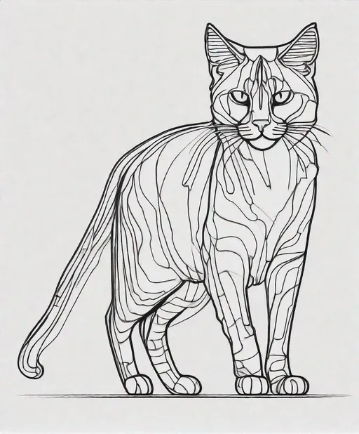 Prompt: chalcedony hue fluorescent simple black and white line doodle art exaggerated perspective of a forward-facing wirey cat on a white background, frontal gait view 
