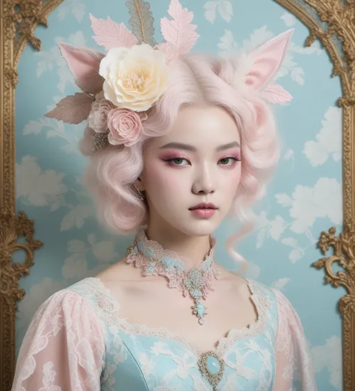 Prompt: Chalcedonypunk, rococo renaissance satyr pastel lace, Korean toile in background 