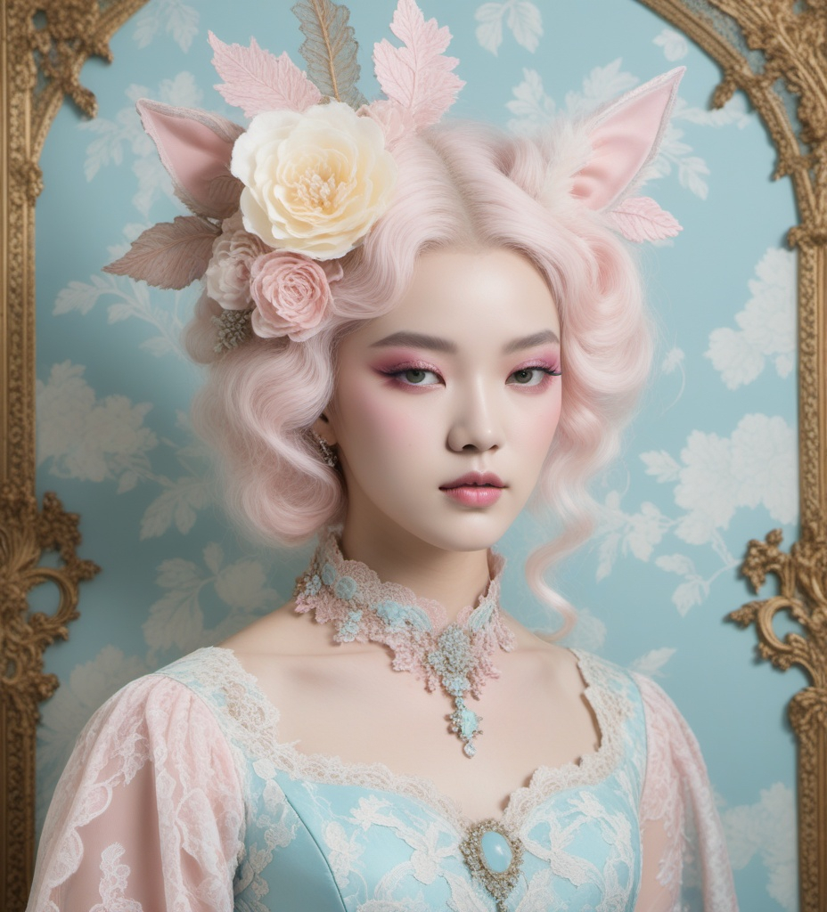 Prompt: Chalcedonypunk, rococo renaissance satyr pastel lace, Korean toile in background 