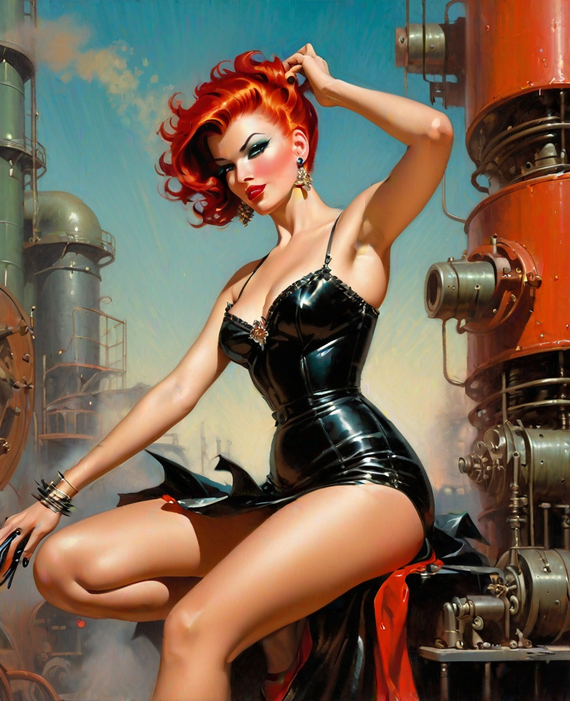 Prompt: Beautiful woman. Glitz. Detailed hyperrealistic pulp illustration. Confidence. Swagger. Disheveled. Punk. Dancing. Energy. Movement. Eyeliner. Mascara. Lipstick. Art by Gil Elvgren and Frank Frazetta. Industrial setting. Gantry.