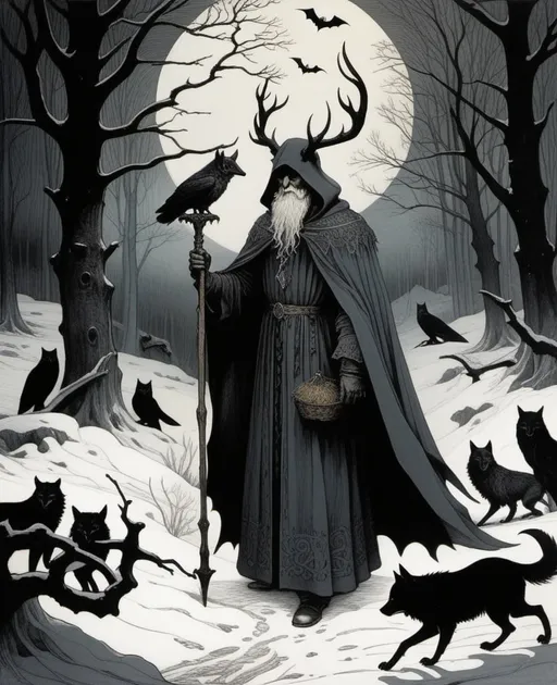 Prompt: Abigail Larson, Gustav Dore, Albrecht Durer: On a winter's night, a sorcerer goes out to the wilderness to commune with the spirits of death and decay, bats, horned owls, wolves and ghosts, Mysterious