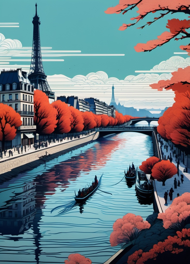 Prompt: Katsushika Hokusai: A unique ukiyo-e woodblock print depicting the Seine River in Paris, transformed through the lens of constructivist glitch art. Traditional Japanese scenery is merged with the fluidity of the Parisian river, incorporating intricate line work and subtle yet expressive use of color, all overlaid with digital glitch patterns, 3d,  imax quality visuals, ilm, weta digital, 32k uhd 