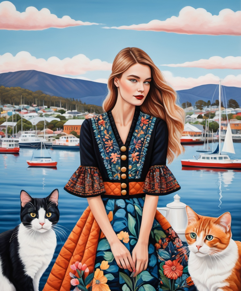 Prompt: fashion photography , Hobart harbour with cats, with view of Mount wellington, in the style of gait folk art-inspired illustrations, bold patterned quilts, bloomcore, mixes painting and ceramics, precise, detailed architecture paintings, cute and dreamy, illustration by Olga suvorova, maximalism , attention to details, shimmering beauty 