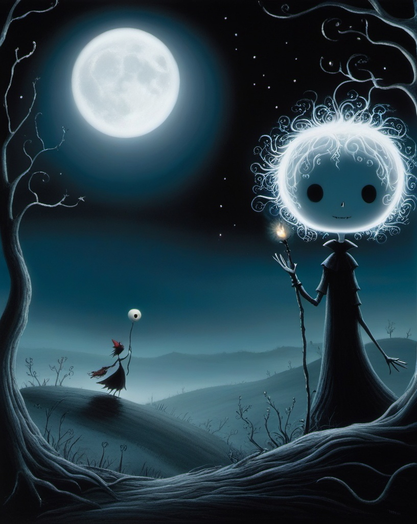 Prompt: the will-o'-the-wisp tim burton 