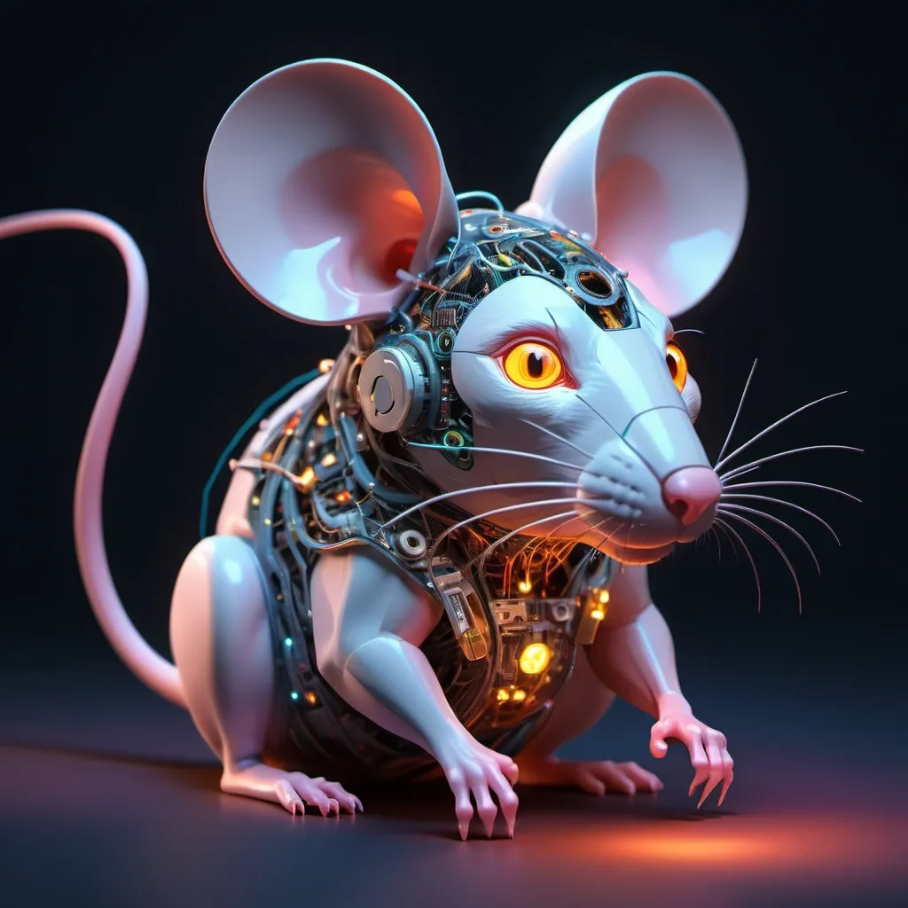 Prompt: led lighting fantasy rat, isometric eyes, electrical circuit ears, digital hud fui