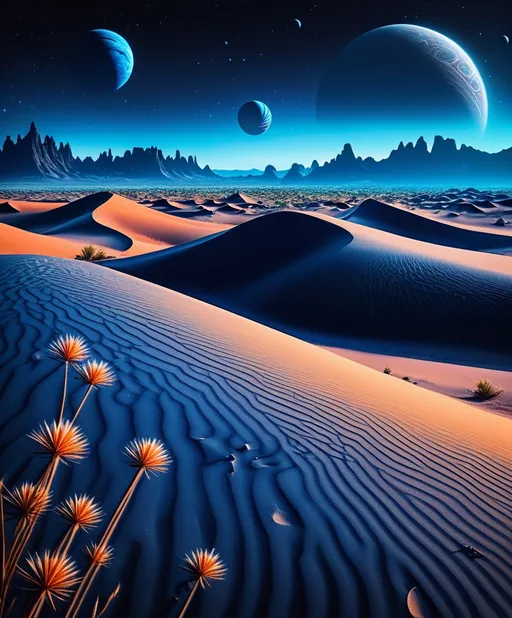 Prompt: indigo sand dunes on an alien planet, lush with alien flora and fauna